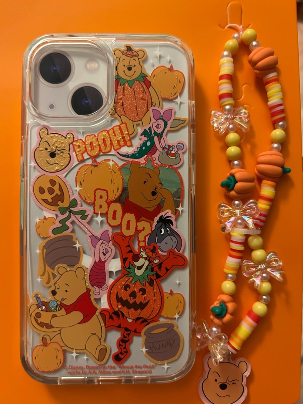 Winnie the Pooh Pumpkin IPhone 13/14/15 Case and Bead Charm with Clear Bows